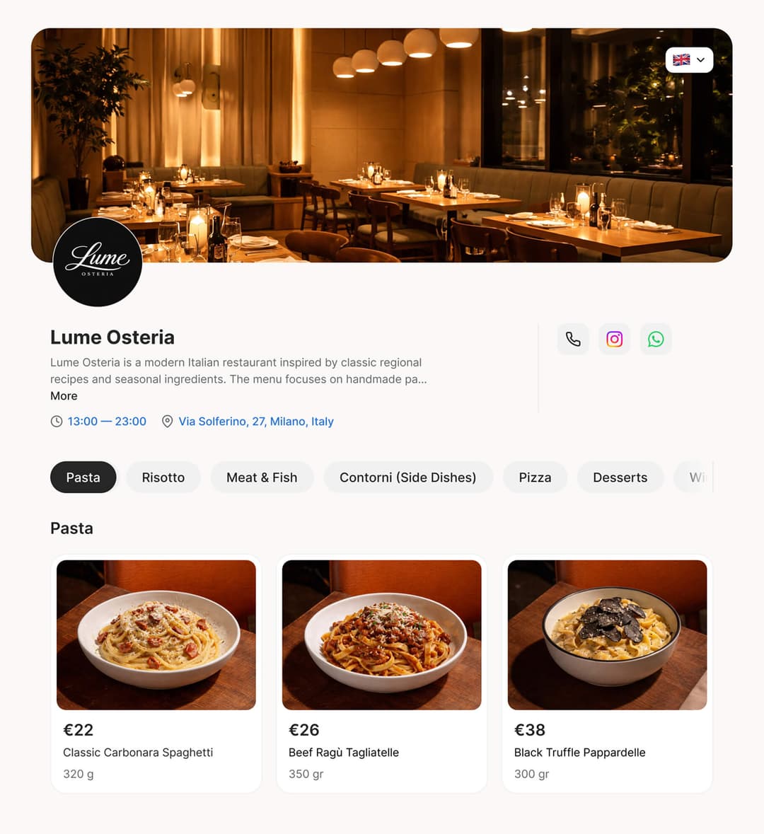 Restaurant menu example