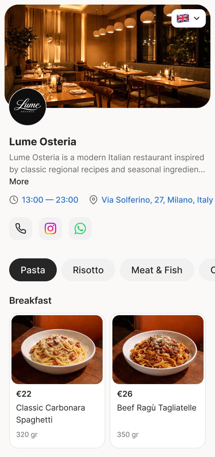 Restaurant menu example